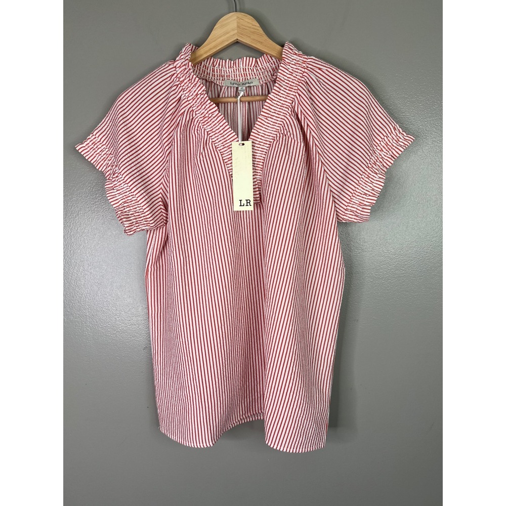 Women's red white striped blouse size medium Lynn Ryan textured spring summer